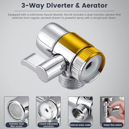 Sink Faucet Sprayer Attachment, Universal 5-Adapter Kit with On/Off Switch and 3 Spray Modes, Retractable Hose Sprayer for Kitchen Sink, Pet Washing, and Bathroom Cleaning