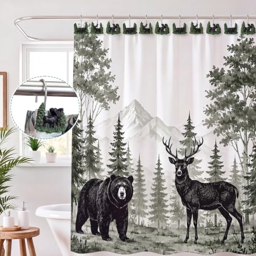 Roowest 12 Pcs Farmhouse Forest Shower Curtain Hooks Western Wildlife Bear Deer Moose Shower Curtain Hooks Stainless Steel Rust Resistant Rings Hangers for Farmhouse Cabin Winter Rustic Bathroom Decor - style: Forest