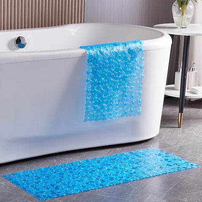 Webos Bath Shower Mat Non Slip: Extra Large Pebble Bathtub mat for Families, Anti Slip Shower Matt with Drain Holes Suction Cups Tub Mat - 16 X 40 Inch Clear Blue - color: Pebble Clear Blue