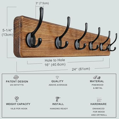 Wall Mounted Coat Rack: 24" Long, Patented, Heavy-Duty, 6-Double-Hooks Wooden Hanger Rail for Winter Coats, Hat, Jacket, Clothing - Natural & Black, Pack of 2 - color: Natural & Black, size: L=24"(2pcs)