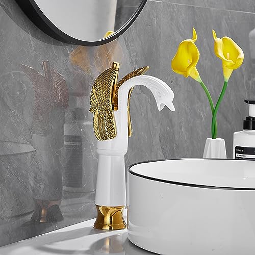 Swan Shape Single Handle 1Hole Bathroom Vessel Sink Faucet Deck Mount Lavatory Sink Faucet Gold Mixed White - color: White, size: Tall