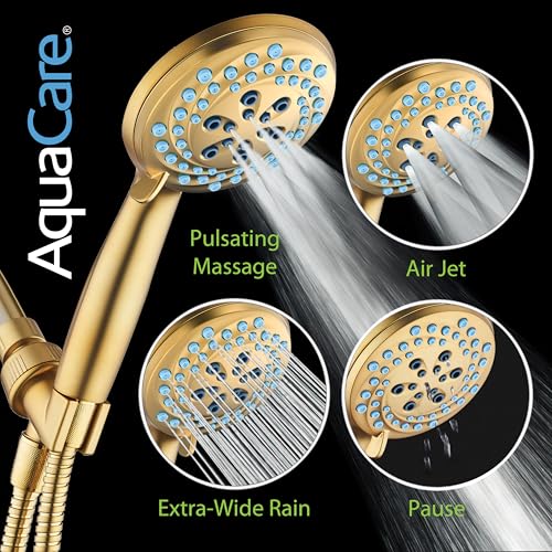 AquaCare New 8-mode High Pressure Handheld Shower Head w/ 2-way Power Wash | Stay Clean Nozzles, Dual Power Wash for Tub, Tile & Pets, Long 6 ft. Stainless Steel Hose, Wall & Overhead Brackets / Gold - color: Gold