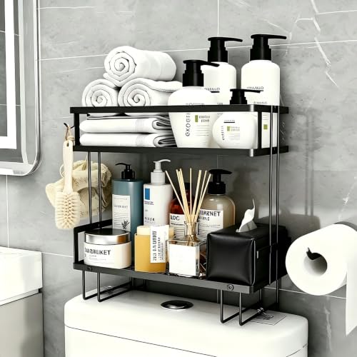 Over The Toilet Storage Rack - Bathroom Organizer Shelf, 2-Tier Floating Shelves with Hooks, No-Drill, Toilet Paper Holder for Restroom Bathroom Vanity Kitchen (Black) - color: Black, size: 2 Tier