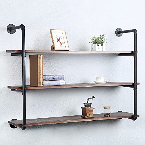 Industrial Pipe Shelves With Wood Planks,Rustic Pipe Shelving Wall Shelf | Metal Pipe Solid Pine Wood,Easy to Assemble,Wooden Board Thickness 0.78 In,For Bar Farmhouse Kitchen Office Bathroom,Bedroom - color: 3-layer, size: 48in