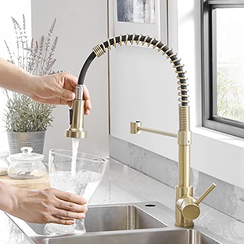 Kitchen Faucet Pull Down Sprayer, Stainless Steel, Brushed Gold | Stainless Steel NSF Certified,1 Handle Faucet,Farmhouse Camper Laundry Utility Rv Wet Bar Sinks,Deck Plate 1,3 Hole - color: C - Brushed Gold