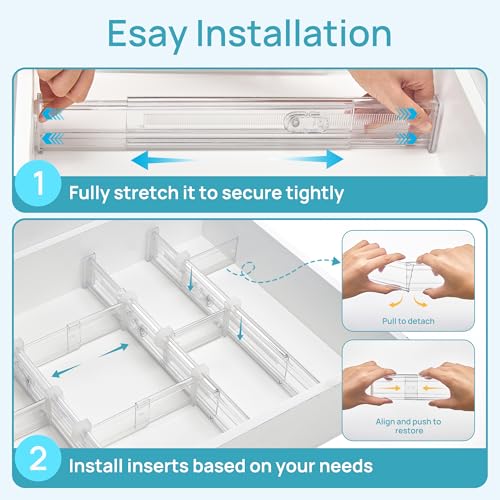 Vtopmart 2.36" Drawer Dividers with Expandable Inserts, 12.8"-22.3", 8 Pack | Adjustable Kitchen Drawer Organizer, Clear Organizer Separator for Flatware, Utensil, Cutlery, 8 Dividers with 14 Inserts - size: Short-2.36" with Inserts