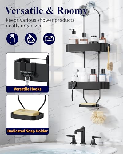 Kitsure Shower Caddy Hanging, No-Drill Bathroom Shelves, Black, 28.5" H | Bathroom Organizers and Storage, Wobble-Free Shower Organizer with Adhesive Tapes, Rust-Proof Shower Storage for Toiletries