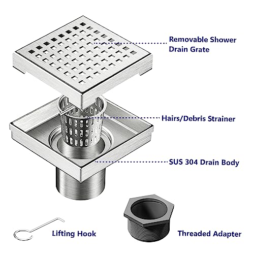 Neodrain 4 in Brushed Square Shower Drain with Quadrato Pattern Grate | 304 Stainless Steel Square Drain for bathroom, with Hair Strainer and Lifting Hook,Waterproof & Durable, CUPC Certified - color: Stainless, size: 4 IN