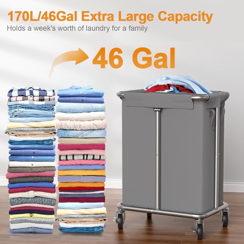 Hodonas Laundry Basket with Wheels, Rolling Laundry Hamper, 46 Gallons (170L), Removable and Machine Washable Liner, Steel Frame, Large Laundry Cart for Laundry Room, Bedroom, Bathroom, Dorm - Grey - color: Gray