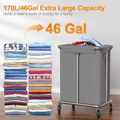 Hodonas Laundry Basket with Wheels, Rolling Laundry Hamper, 46 Gallons (170L), Removable and Machine Washable Liner, Steel Frame, Large Laundry Cart for Laundry Room, Bedroom, Bathroom, Dorm - Grey - color: Gray
