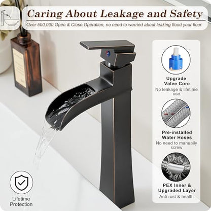 Bronze Waterfall Vessel Sink Faucet, Brass 12 Inch Tall Bathroom Faucets Single Hole Single Handle for Bathroom Bowl Sink with Pop-up Drain & Hoses for Vanity Countertop Modern Farmhouse - color: Oil Rubbed Bronze - Farmhouse