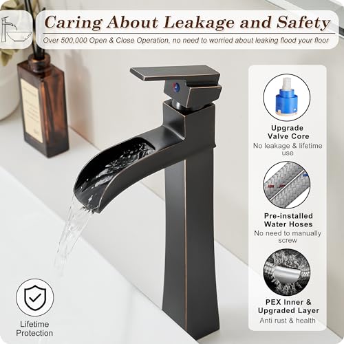 Bronze Waterfall Vessel Sink Faucet, Brass 12 Inch Tall Bathroom Faucets Single Hole Single Handle for Bathroom Bowl Sink with Pop-up Drain & Hoses for Vanity Countertop Modern Farmhouse - color: Oil Rubbed Bronze - Farmhouse