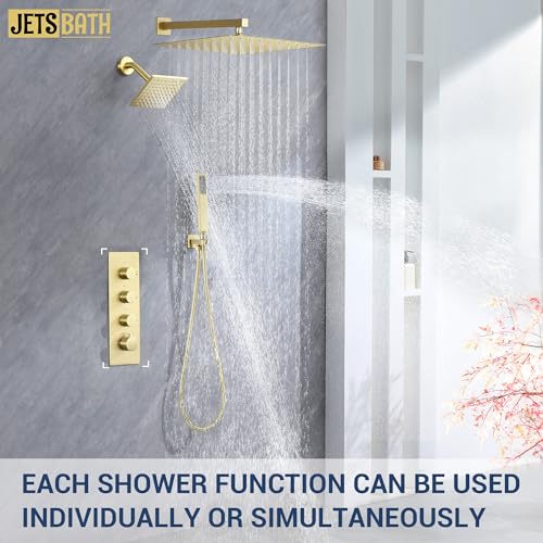 16" Thermostatic Dual Rainfall Head Shower System with Handheld & Valve, 16-Inch Shower Faucet Set with 6-Inch Shower Head, JetsBath Brushed Gold Full Body Shower System for Couples/2-Person