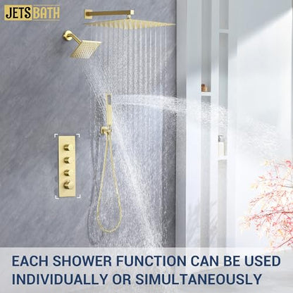 16" Thermostatic Dual Rainfall Head Shower System with Handheld & Valve, 16-Inch Shower Faucet Set with 6-Inch Shower Head, JetsBath Brushed Gold Full Body Shower System for Couples/2-Person
