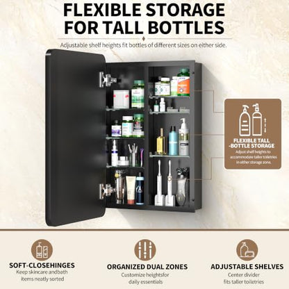 20x30 Black Medicine Cabinet with Mirror, Recessed & Surface Mount | Bathroom mirror with storage: 6 adjustable shelves fit tall bottles; DTC soft-close hinges; rust-resistant aluminum - size: 20" x 30"