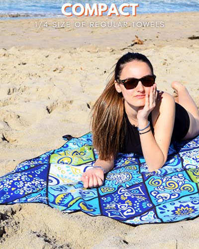 Microfiber Beach Towel - Quick Dry, Sand Free and Oversized 71x35 | Super absorbent, lightweight, swimming, gym, extra large, pool, cruise, camping, yoga, travel, compact, carry bag, vacation - color: Mykonos