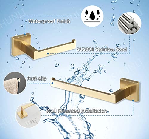 SHUNLI Gold Toilet Paper Holder + Hand Towel Holder, Brushed Gold Bathroom Accessories Hardware Set 2 Pieces, Wall Mounted Towel Ring Towel Bar, SUS304 Stainless Steel - color: Brushed Gold