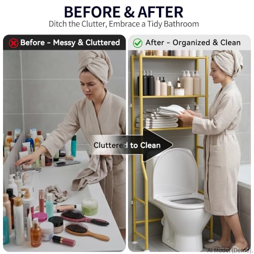 3-Tier Over The Toilet Storage, Freestanding Metal Bathroom Shelves, Space Saver Above The Over Toilet Storage Shelf for Bathroom (Gold) - color: Gold