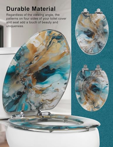 Angol Shiold ELONGATED Resin Soft Close Toilet Seat Marble 18.5" | Quick Release Heavy Duty Decorative Acrylic Seats Easy to Clean (Modern Green Marble Art Print) - color: Green