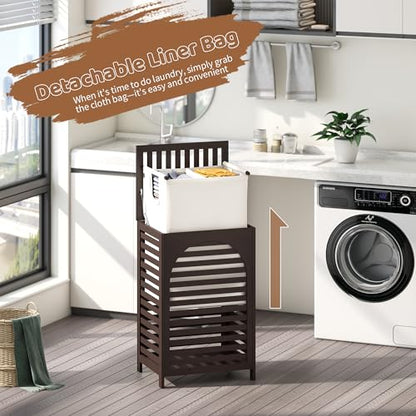 Laundry Hamper with Lid (16.9 * 13 * 26.5inches) Large Bamboo Laundry Bin Basket 85L Clothes Hamper with 1 Removable Bag Storage baskets for Bathroom(Brown) - color: Brown