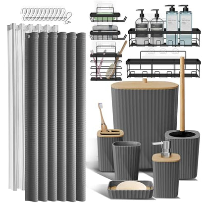 Clara Clark Bathroom Set, Shower Curtain Set and Shower Caddy Hanging | 25 Piece Grey Bathroom Accessories Set with Toothbrush Holder, Soap Dispenser, Soap Dish, Toilet Brush, and Trash Can - color: Grey, size: Complete Set + Shower Caddy