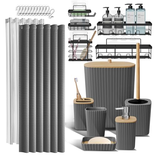 Clara Clark Bathroom Set, Shower Curtain Set and Shower Caddy Hanging | 25 Piece Grey Bathroom Accessories Set with Toothbrush Holder, Soap Dispenser, Soap Dish, Toilet Brush, and Trash Can - color: Grey, size: Complete Set + Shower Caddy