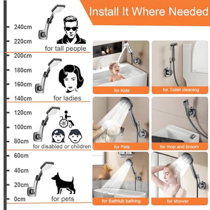 Suction Cup Shower Head Holder - Angle Adjustable Spring Arm, Flexible Wall Mount Shower Hose Holder, Removable Hand Held Shower Bracket with Vacuum Lock & Bonus Hook for Bathroom, Kitchen - color: Black