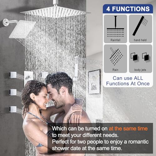 Thermostatic Shower System Dual Shower Heads with 16" Ceiling Mounted Rain Shower Head & 6" Wall Mounted Head 4 Function Full Body Shower System with body jets Can All Run Together, Chrome - color: Polished Chrome, style: 16 inch +6 jets