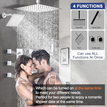 Thermostatic Shower System Dual Shower Heads with 16" Ceiling Mounted Rain Shower Head & 6" Wall Mounted Head 4 Function Full Body Shower System with body jets Can All Run Together, Chrome - color: Polished Chrome, style: 16 inch +6 jets