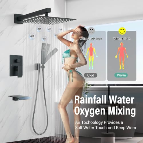 Matte Black Shower System with Tub Spout,All Metal Bathtub Shower Faucet Set With 10-Inch High Pressure Rainfall Head and Handheld Sprayer,Wall Mount for Bathroom Remodel - color: Matte Black, size: 10" with spout