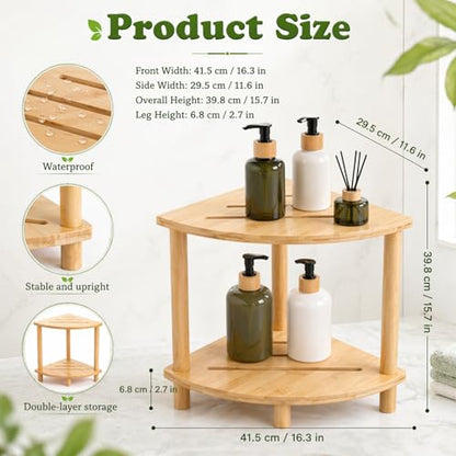 Bamboo Corner Shower Stool, 2-Tier Waterproof Shower Foot Rest with Storage Shelf, Showers Feet Stool for Shaving Legs & Small Spaces, Bath Seat for Women, Mom