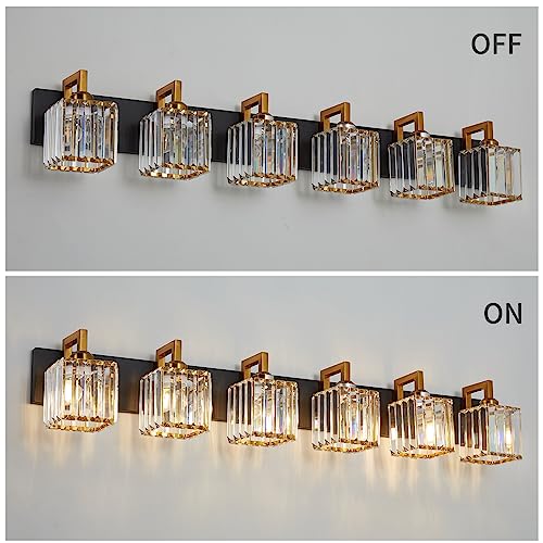 Modern Bathroom Vanity Light 6-Lights Black Gold Crystal Wall Lamp Bathroom Modern Crystal Vanity Lighting - color: Black+Gold Crooked, size: 6-light
