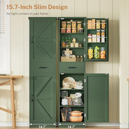 Kitchen Pantry Cabinet with 3 Door Shelves & 1 Drawer, Narrow Bathroom Cabinet with Adjustable Shelves, Tall Storage Cabinet for Living Room, Bathroom, Entryway, Green - color: Green