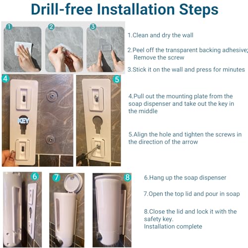 Soap Dispenser Wall Mount 17oz Drill Free ABS Hand Soap Shower Dispenser with Adhesive and Screws No Leakage Shampoo and Conditioner Dispenser Large Capacity for Bathroom Kitchen-White,1PACK