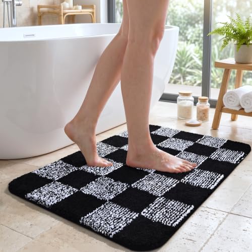 LOCHAS Bathroom Rugs 36×24, Checkered Bath Mat Non Slip, Black | Rubber Backing Absorbent Machine Washable, Microfiber Carpet for Kitchen Bedroom Entryway - color: Black, size: 36" x 24"
