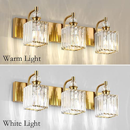 Ralbay Crystal Bathroom Vanity Lights 3-Lights 24'' Modern Crystal Gold Bathroom Lighting Fixtures Over Mirror - color: Square-Brass, size: 24 inch