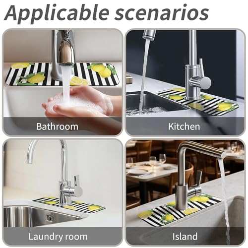 Kitchen Sink Splash Guard，Lemon-and stripes Faucet Mat Sink Gadgets-Super Absorbent Fast Drying Mat Drip Catcher for Kitchen, Bathroom,Sink Mat, Dish Drying Mat, Bathroom(15" X 5.5" ) - color: Lemon-and stripes