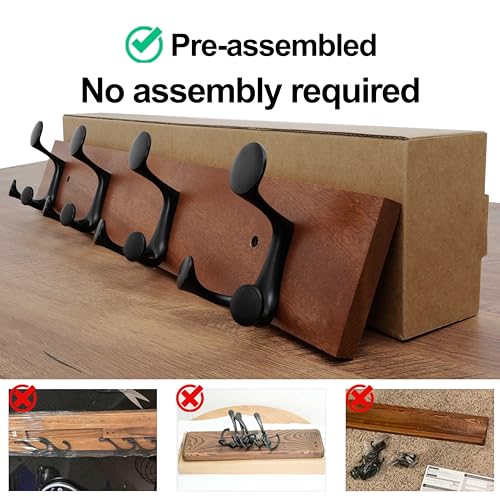 WEBI Coat Rack Wall Mount,24" Solid Wood Coat Hooks Wall Mounted Coat Hanger,16" Hole to Hole,Heavy Duty 4 Triple Hooks for Hanging Coats,Jacket,Hat,Backpack,Farmhouse,Reddish Brown - color: Reddish Brown, size: 24 Inch