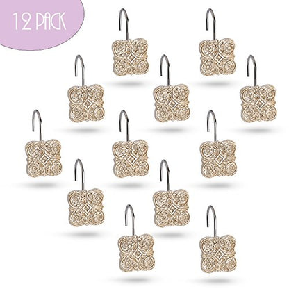 Creative Scents Beige Victoria Shower Curtain Hooks Decorative | Set of 12 | Boho Shower Curtain Rings - style: Shower Curtain Hooks