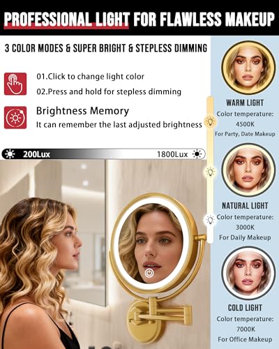 10" Double-sided Wall Mounted Makeup Mirror with Light and Magnification 5X | 3 Color LED Touch Dimmable Memory Function, Bathroom Vanity Extendable Swing Arm Gold, Direct Wire, Brushed Moderne Brass - color: Brushed Moderne Brass