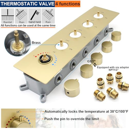 Thermostatic Shower System Three Shower Heads with 16" Ceiling Mounted Rain Shower Head & 2 x 6" Wall Mounted Head 4 Function Shower System Can All Run Together, Brushed Gold - color: Brushed Gold