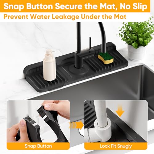14.6 inch Faucet Mat for Kitchen Sink Splash Guard[7° Slope Fast Self-draining][Snap Lock Fit]Kitchen Sink Faucet Mat Splash Guard Kitchen Sink Area Water Splash Guard Behind Faucet Draining Mat - color: Black, size: 14.6" x 5.5"