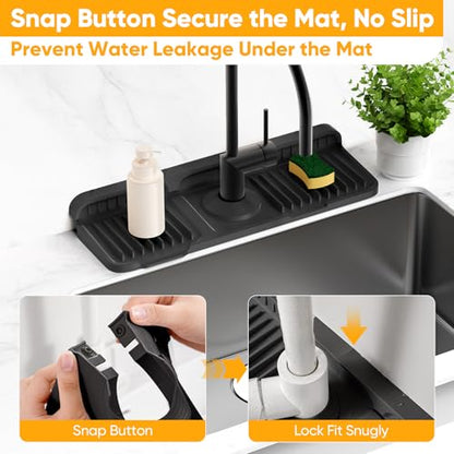 14.6 inch Faucet Mat for Kitchen Sink Splash Guard[7° Slope Fast Self-draining][Snap Lock Fit]Kitchen Sink Faucet Mat Splash Guard Kitchen Sink Area Water Splash Guard Behind Faucet Draining Mat - color: Black, size: 14.6" x 5.5"