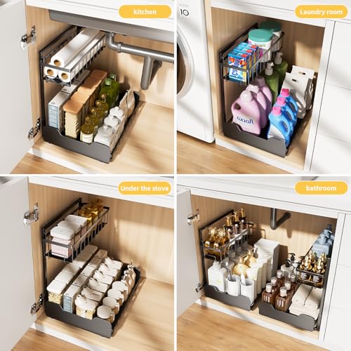Under Sink Organizer, 2-Tier L-Shaped Pull Out Cabinet Shelf with 2 Installation Methods, Adjustable Sliding Storage Drawer for Kitchen, Bathroom, Laundry, Metal, Black, 2-Pack - size: 2 Pack
