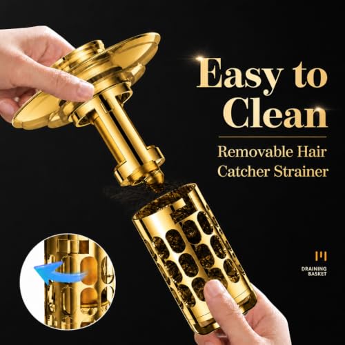 Snailhouse Bathroom Sink Stopper, Stainless Steel Pop Up Anti Clog Bathroom Sink Drain Strainer Plug with Brass Core and Removable Hair Catcher, Gold