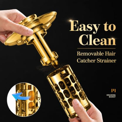 Snailhouse Bathroom Sink Stopper, Stainless Steel Pop Up Anti Clog Bathroom Sink Drain Strainer Plug with Brass Core and Removable Hair Catcher, Gold