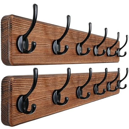 Wall Mounted Coat Rack: 24" Long, Patented, Heavy-Duty, 6-Double-Hooks Wooden Hanger Rail for Winter Coats, Hat, Jacket, Clothing - Natural & Black, Pack of 2 - color: Natural & Black, size: L=24"(2pcs)