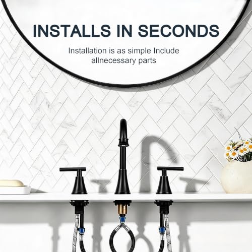 COMLLEN Black Bathroom Faucet 3 Hole Vanity,360 Degree Rotating Spout, 2 Handle 360° Swivel Matte Black 8 Inch Widespread Bathroom Sink Faucet 3 Holes, with Pop-up Drain, Supply Lines - color: Black