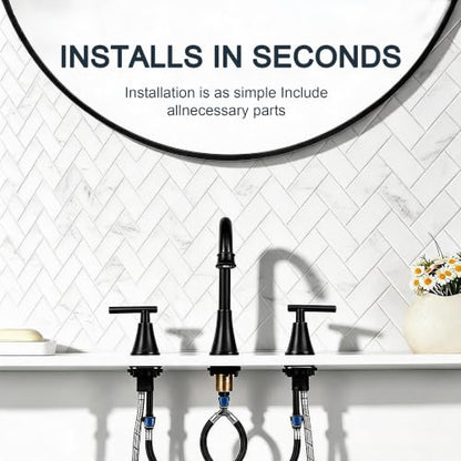 COMLLEN Black Bathroom Faucet 3 Hole Vanity,360 Degree Rotating Spout, 2 Handle 360° Swivel Matte Black 8 Inch Widespread Bathroom Sink Faucet 3 Holes, with Pop-up Drain, Supply Lines - color: Black