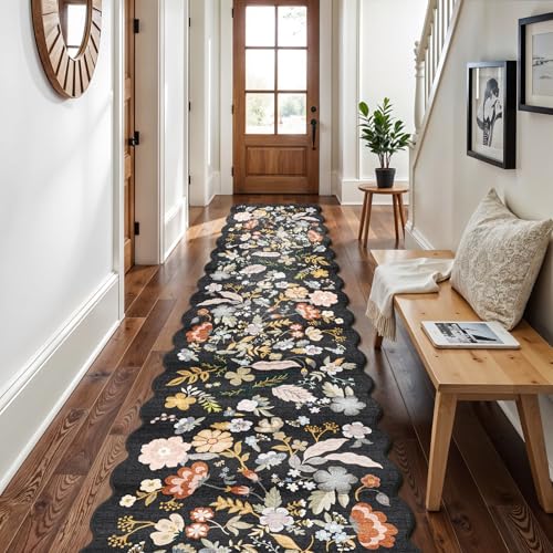 3x20 Hallway Runner Rug Washable: Boho Extra Long 20ft Scalloped Rug Black | Non Slip Floral Indoor Rug Runner for Entryway Living Room - Stain Resistant Easy Clean Area Rugs for Home Decor - color: Black, size: 3' x 20' (Runner)